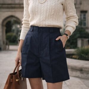 Vintage Liz Claiborne Navy Linen High Rise Pleated Tailored Shorts Size 8